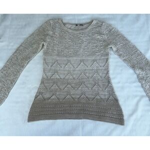 Skye's the Limit Women's Sweater Small Beige Tan Metallic Gold Thread Open Knit